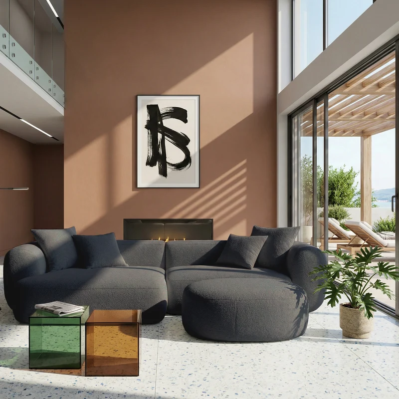 Modulares Ecksofa Baomi L-förmig mit linksseitigem Hocker, dunkelgrauer Chenille-Stoff