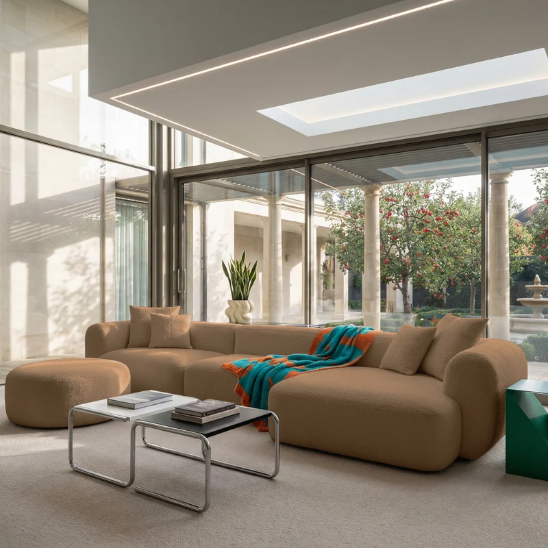Großes L-förmiges modulares Ecksofa Baomi mit Pouf, rechtsseitig, senfgelber Chenille-Stoff