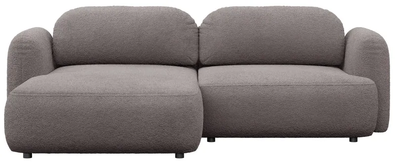 Ecksofa mit Schlaffunktion Tvoya, L-förmig, linksseitig, grau-braunes Bouclé