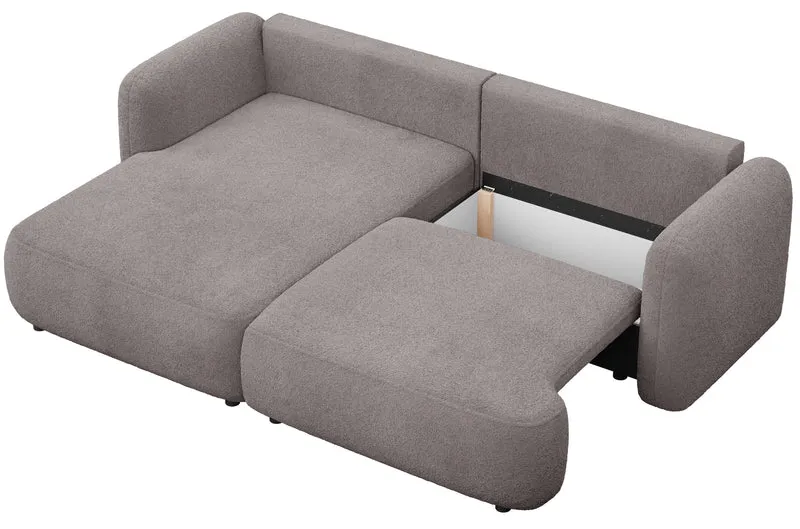 Ecksofa mit Schlaffunktion Tvoya, L-förmig, linksseitig, grau-braunes Bouclé