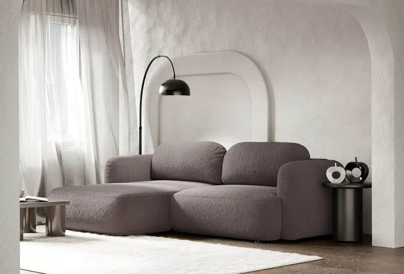 Ecksofa mit Schlaffunktion Tvoya, L-förmig, linksseitig, grau-braunes Bouclé