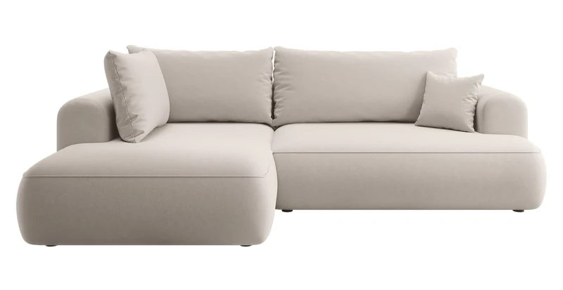 Ecksofa mit Schlaffunktion Ovo, L-förmig, mit Armlehne und Stauraum, cremefarbener, leicht zu reinigender Samt, linksseitig
