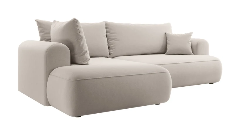 Ecksofa mit Schlaffunktion Ovo, L-förmig, mit Armlehne und Stauraum, cremefarbener, leicht zu reinigender Samt, linksseitig