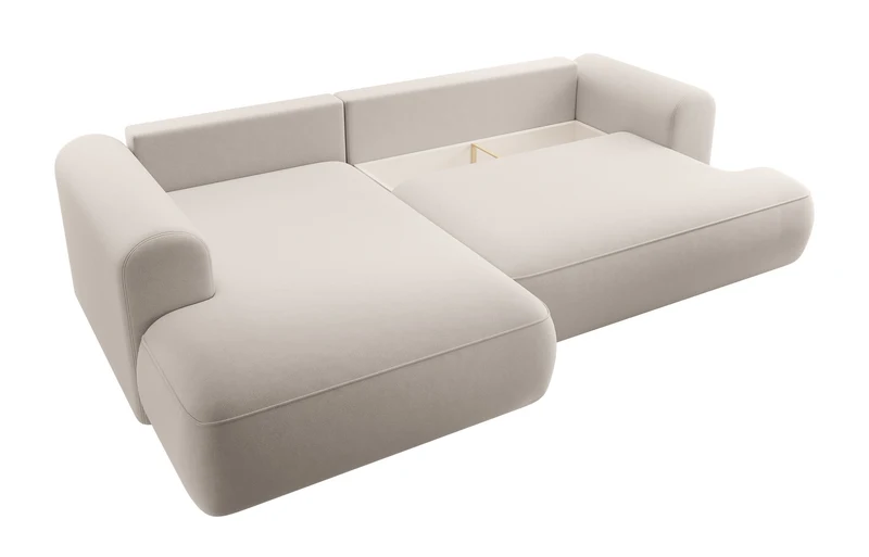 Ecksofa mit Schlaffunktion Ovo, L-förmig, mit Armlehne und Stauraum, cremefarbener, leicht zu reinigender Samt, linksseitig