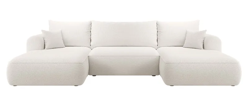 Ecksofa mit Schlaffunktion Ovo U-förmig mit Stauraum, cremefarbenes Bouclé, universell einsetzbar