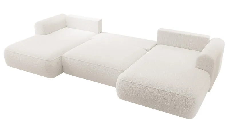 Ecksofa mit Schlaffunktion Ovo U-förmig mit Stauraum, cremefarbenes Bouclé, universell einsetzbar