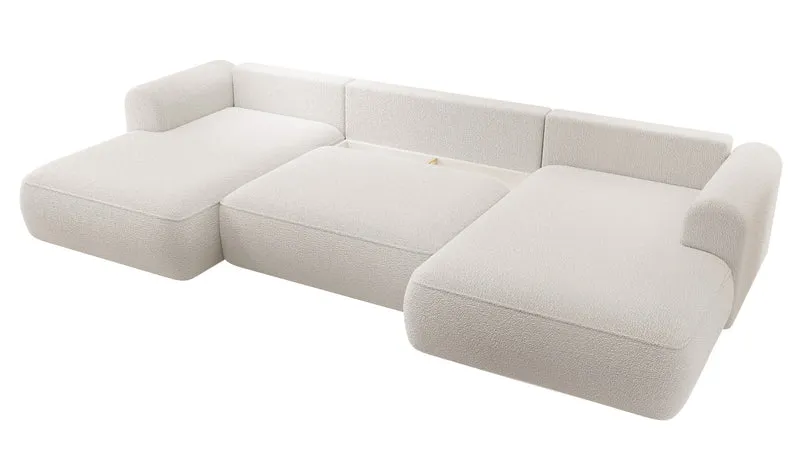 Ecksofa mit Schlaffunktion Ovo U-förmig mit Stauraum, cremefarbenes Bouclé, universell einsetzbar