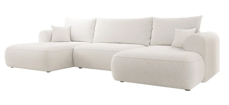 Ecksofa mit Schlaffunktion Ovo U-förmig mit Stauraum, cremefarbenes Bouclé, universell einsetzbar