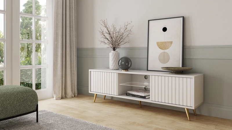 TV-Schrank Bello mit Lamellenfronten, 135 cm, weiß mit goldenen Beinen