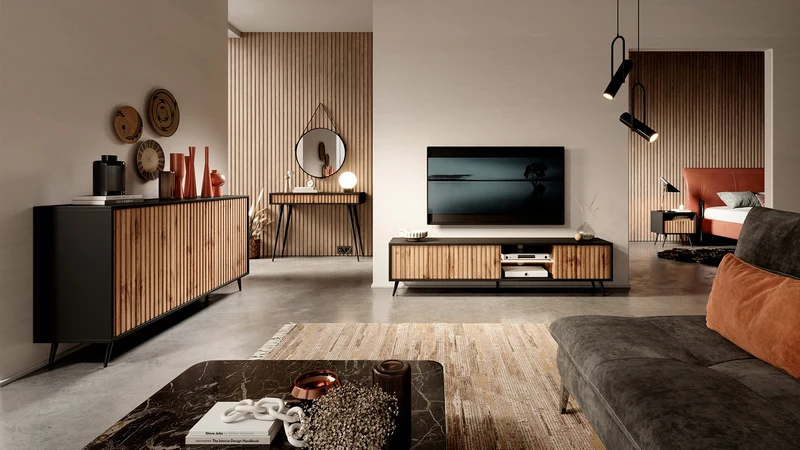 TV-Schrank Bello mit Lamellenfronten 175 cm schwarz/Wotan-Eiche mit LED
