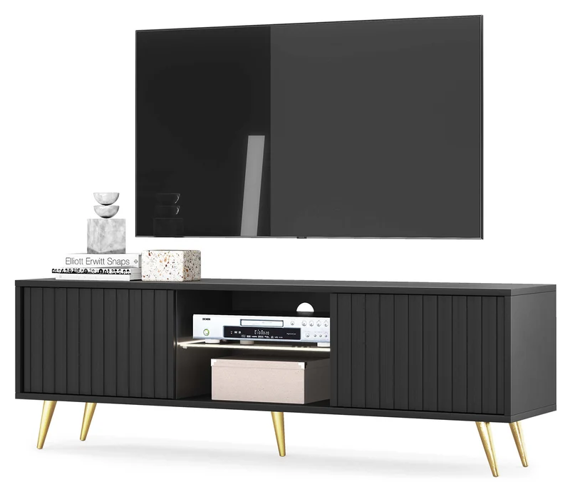 TV-Schrank Bello mit Lamellenfronten, 135 cm, schwarz mit goldenen Beinen