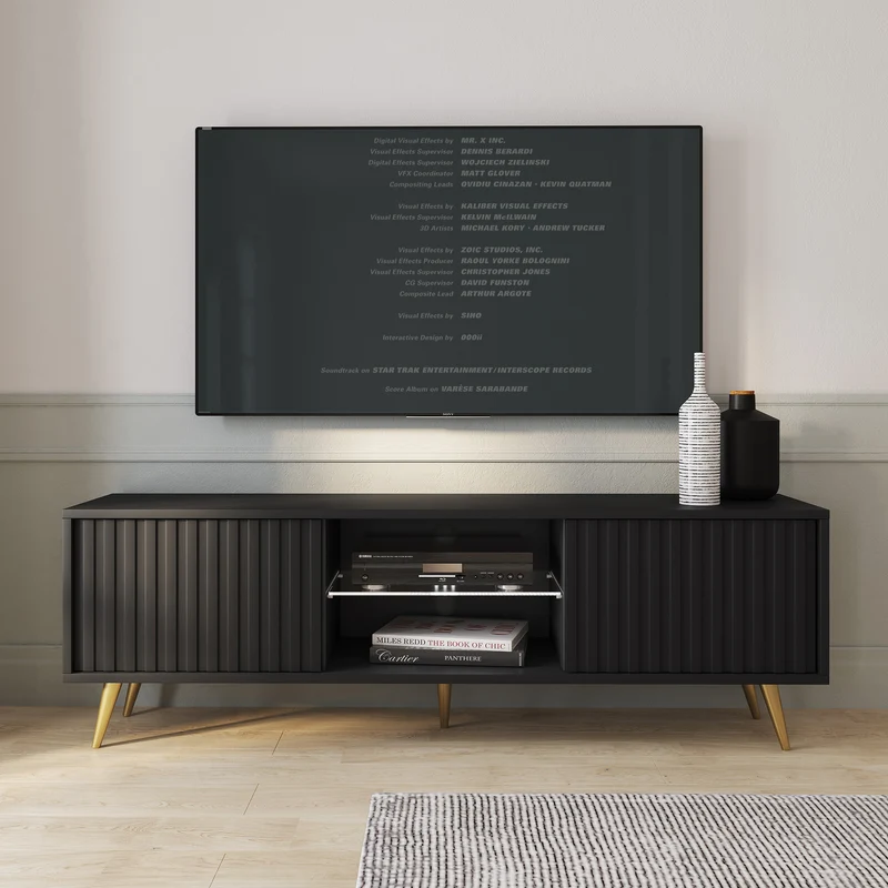 TV-Schrank Bello mit Lamellenfronten, 135 cm, schwarz mit goldenen Beinen