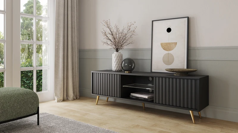 TV-Schrank Bello mit Lamellenfronten, 135 cm, schwarz mit goldenen Beinen