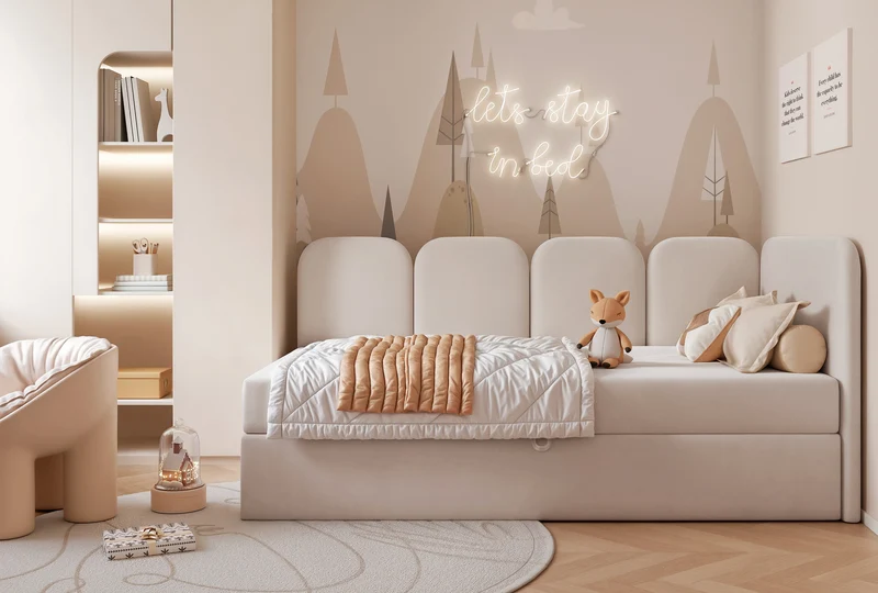Jugendbett 90x200 cm Nubini, rechtsseitig mit Stauraum, hellbeiger Velours, hydrophob