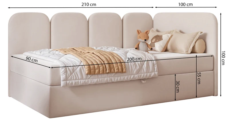 Jugendbett 90x200 cm Nubini rechtsseitig mit Stauraum rosa Velours wasserabweisend