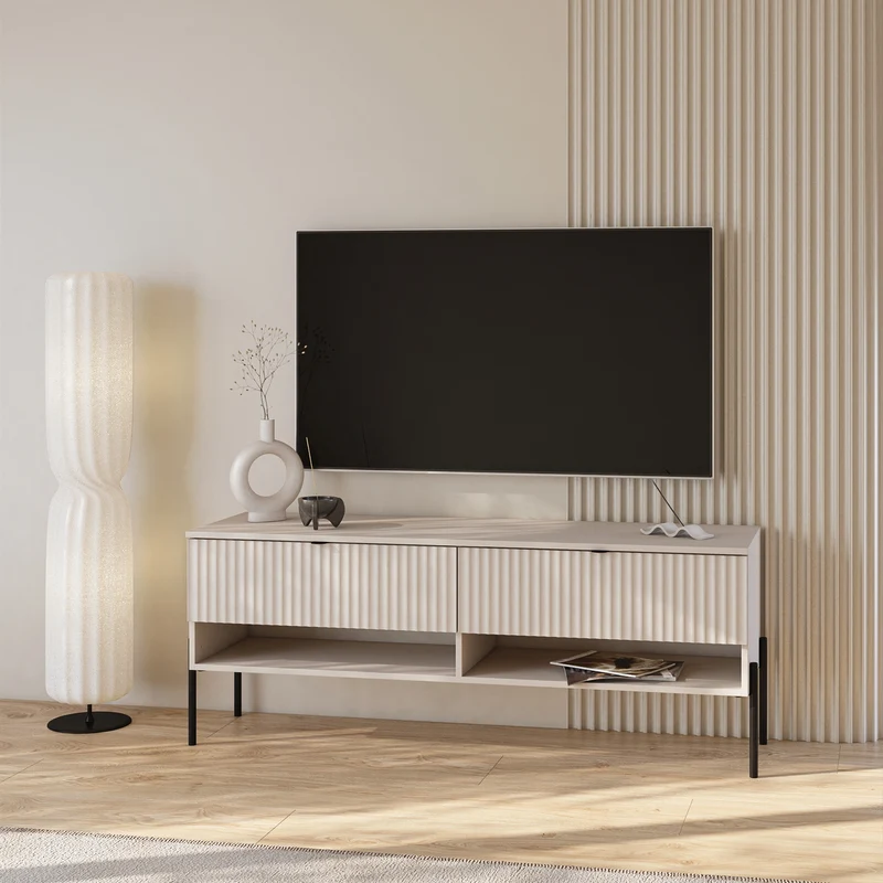 TV-Schrank Ore mit zwei Schubladen, 140 cm, Kaschmirfarben mit geriffelter Front