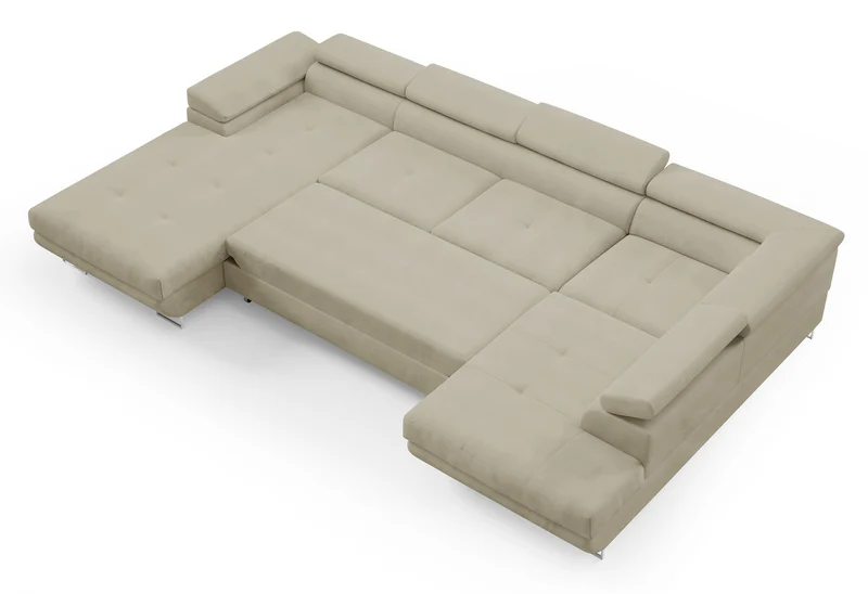 Ecksofa mit Schlaffunktion Nollia, U-förmig, rechtsseitig, mit verstellbaren Kopfstützen und zwei Stauraumfächern, cremefarbener Bouclé-Stoff