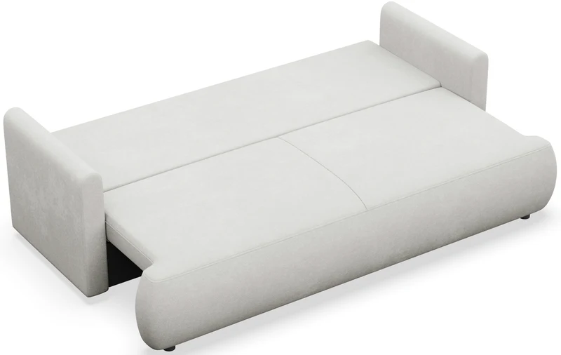 Dreisitziges ausklappbares Sofa Ovo Mini mit Stauraum, hellgrauer Chenille-Stoff, pflegeleicht