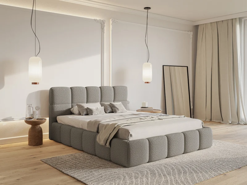Gepolstertes Bett 120x200 cm Cloudy mit Stauraum, Metallrahmen, grauer Bouclé-Stoff