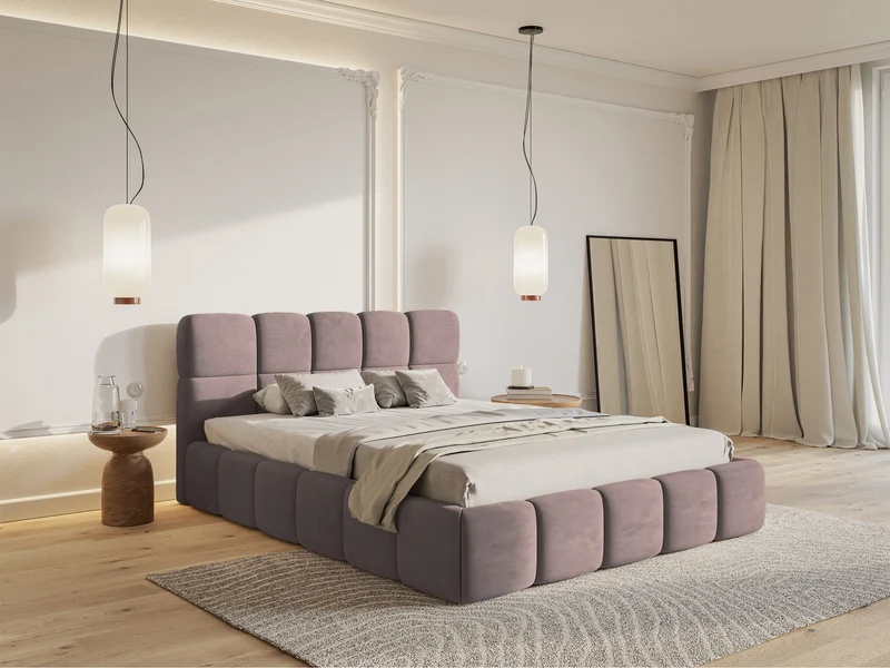 Gepolstertes Bett 120x200 cm Cloudy hellrosa Velours, wasserabweisend und pflegeleicht