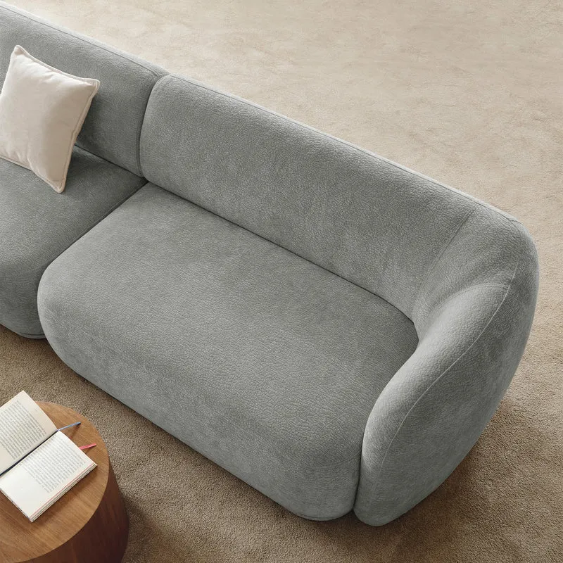 Modulares Ecksofa Bommo L-förmig mit Pouf, linksseitig, grauer Chenille-Stoff