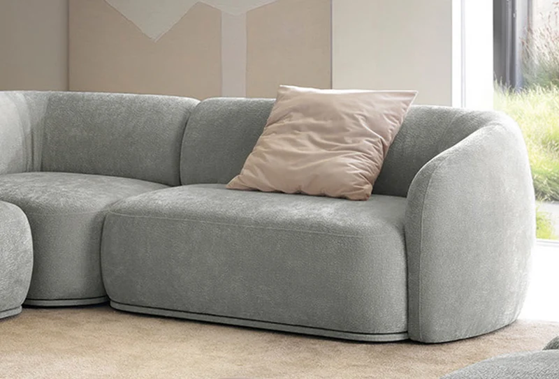 Modulares Ecksofa Bommo L-förmig mit Pouf, linksseitig, grauer Chenille-Stoff