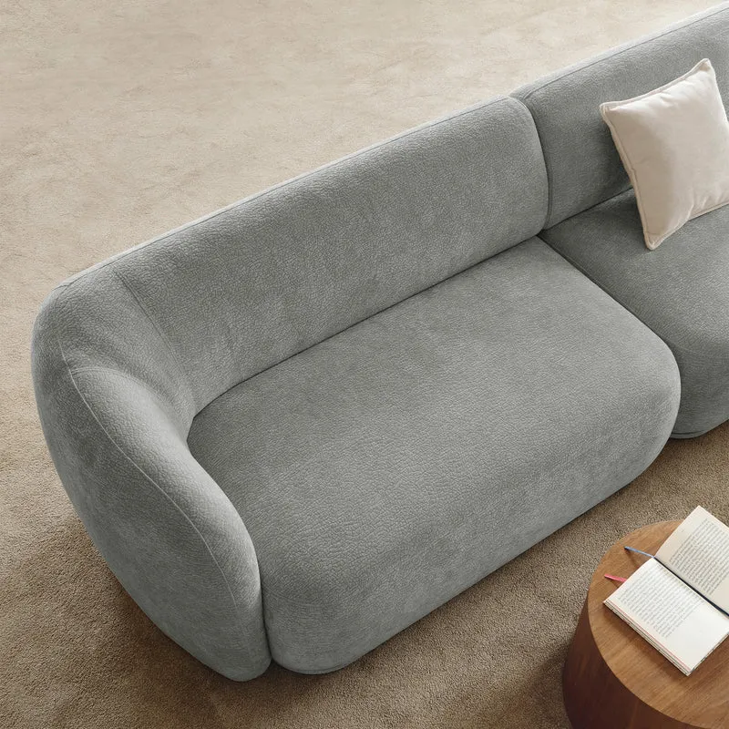 Modulares Ecksofa Bommo L-förmig mit Pouf, rechtsseitig, grauer Chenille-Stoff