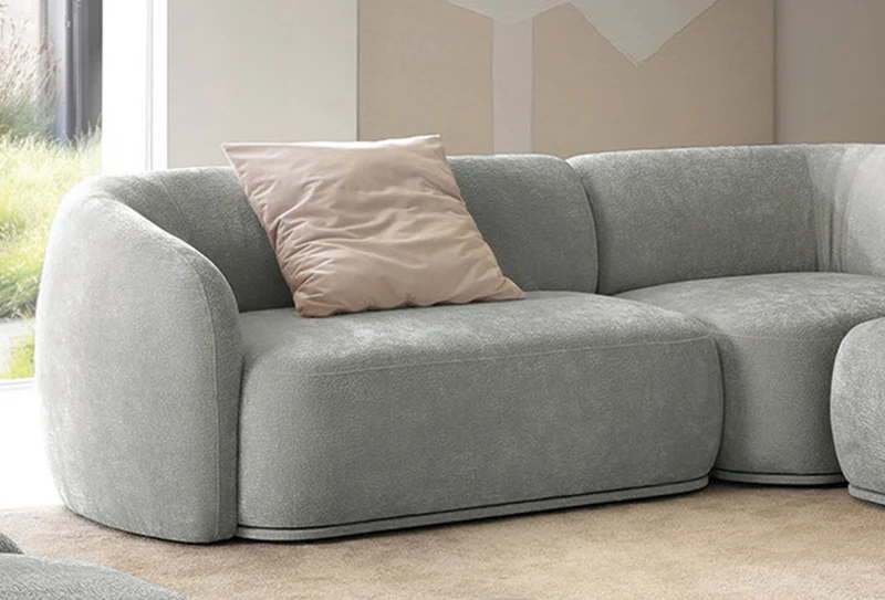 Modulares Ecksofa Bommo L-förmig mit Pouf, rechtsseitig, grauer Chenille-Stoff