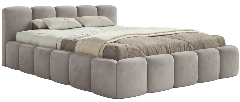 Gepolstertes Bett 120x200 cm Cloudy Low hellgrauer Velours, wasserabweisend und leicht zu reinigen