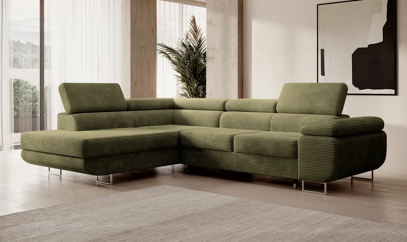Ecksofa mit Schlaffunktion Stevil, L-förmig, mit Stauraum, olivgrüner Cordstoff, linksseitig