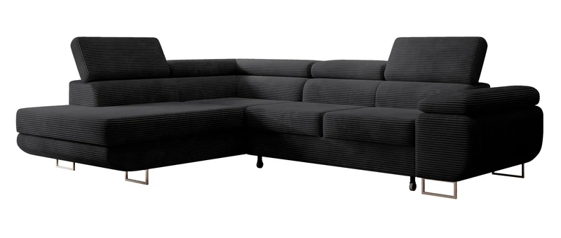 Ecksofa mit Schlafunktion Stevil, L-förmig, mit Stauraum, schwarzer Cord, linksseitig