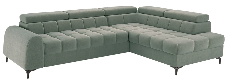 Ecksofa mit Schlaffunktion Arellio, L-förmig, rechtsseitig, mit Stauraum, Salbeigrüner Chenille-Bezug