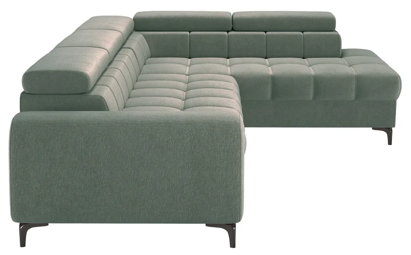 Ecksofa mit Schlaffunktion Arellio, L-förmig, rechtsseitig, mit Stauraum, Salbeigrüner Chenille-Bezug