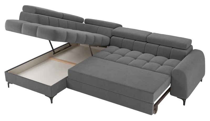 Ecksofa mit Schlaffunktion Arellio, L-förmig, linksseitig, mit Stauraum, grauer Chenille-Stoff