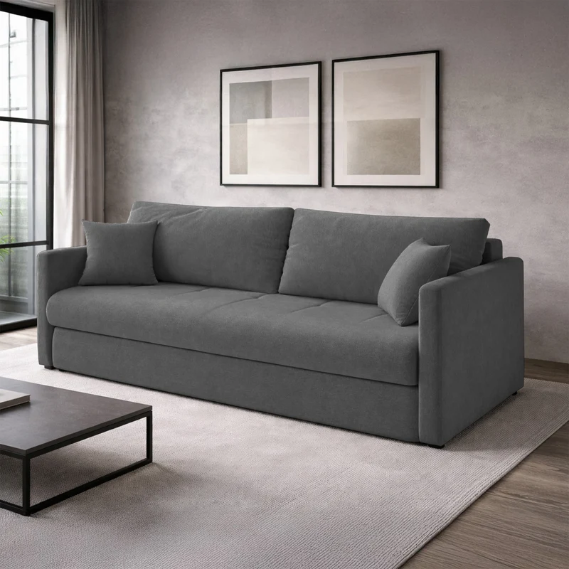 Dreisitziges ausklappbares Sofa Lorro mit Stauraum, grauer Chenille-Bezug