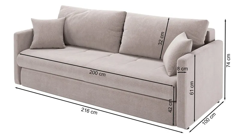 Dreisitziges ausklappbares Sofa Lorro mit Stauraum, hellbraunes Chenille