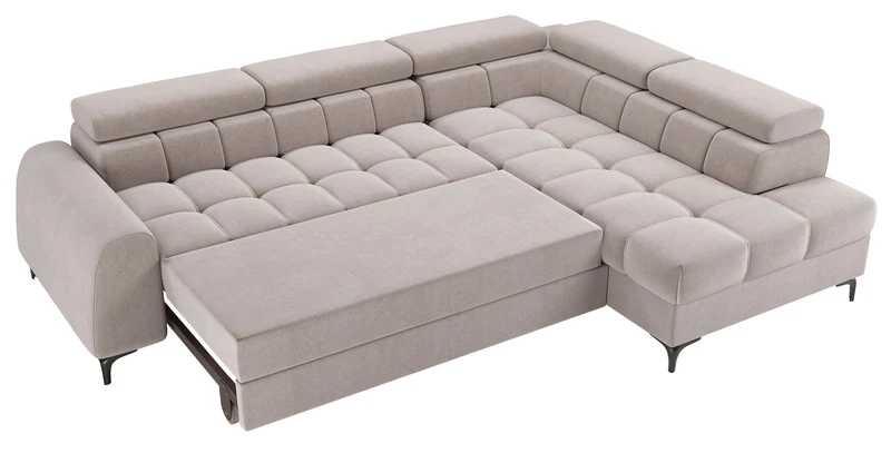 Ecksofa mit Schlaffunktion Arellio, L-förmig, rechtsseitig, mit Stauraum, grau-beiges Chenille