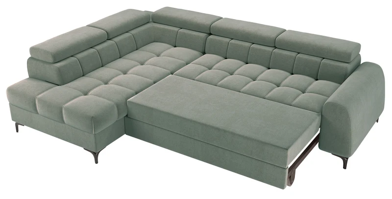 Ecksofa mit Schlafunktion Arellio, L-förmig, linksseitig, mit Stauraum, salbeigrüner Chenille-Bezug