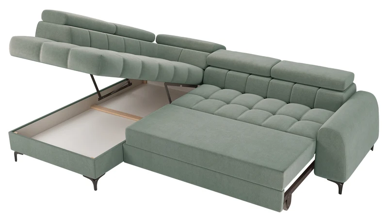 Ecksofa mit Schlafunktion Arellio, L-förmig, linksseitig, mit Stauraum, salbeigrüner Chenille-Bezug