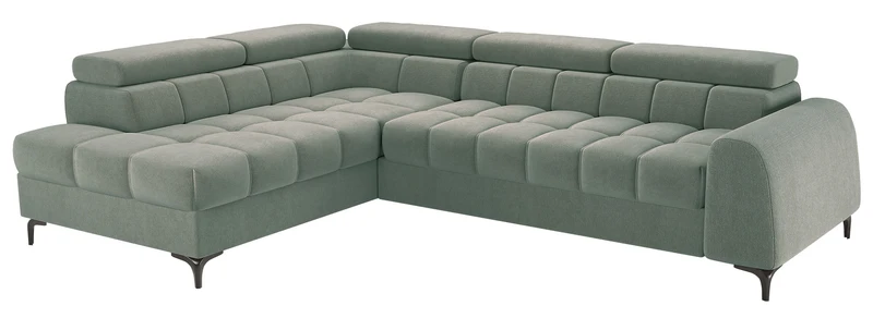 Ecksofa mit Schlafunktion Arellio, L-förmig, linksseitig, mit Stauraum, salbeigrüner Chenille-Bezug