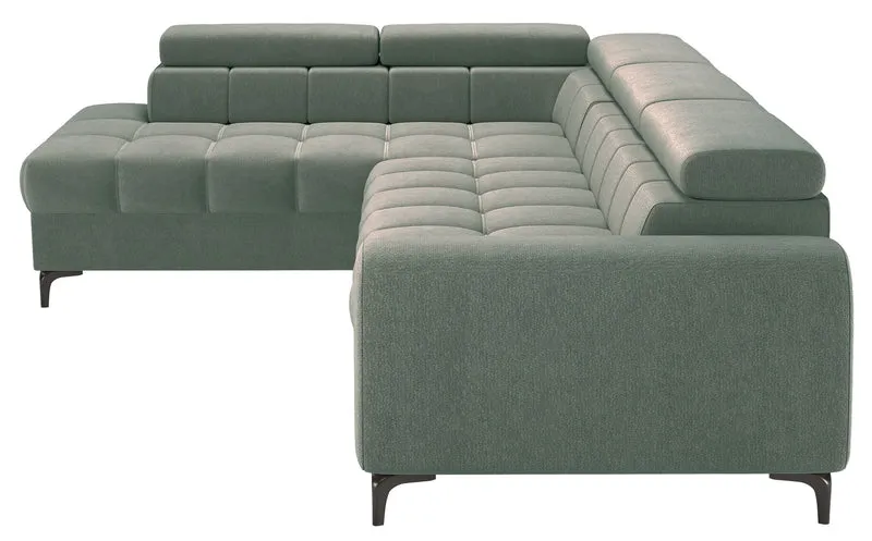 Ecksofa mit Schlafunktion Arellio, L-förmig, linksseitig, mit Stauraum, salbeigrüner Chenille-Bezug
