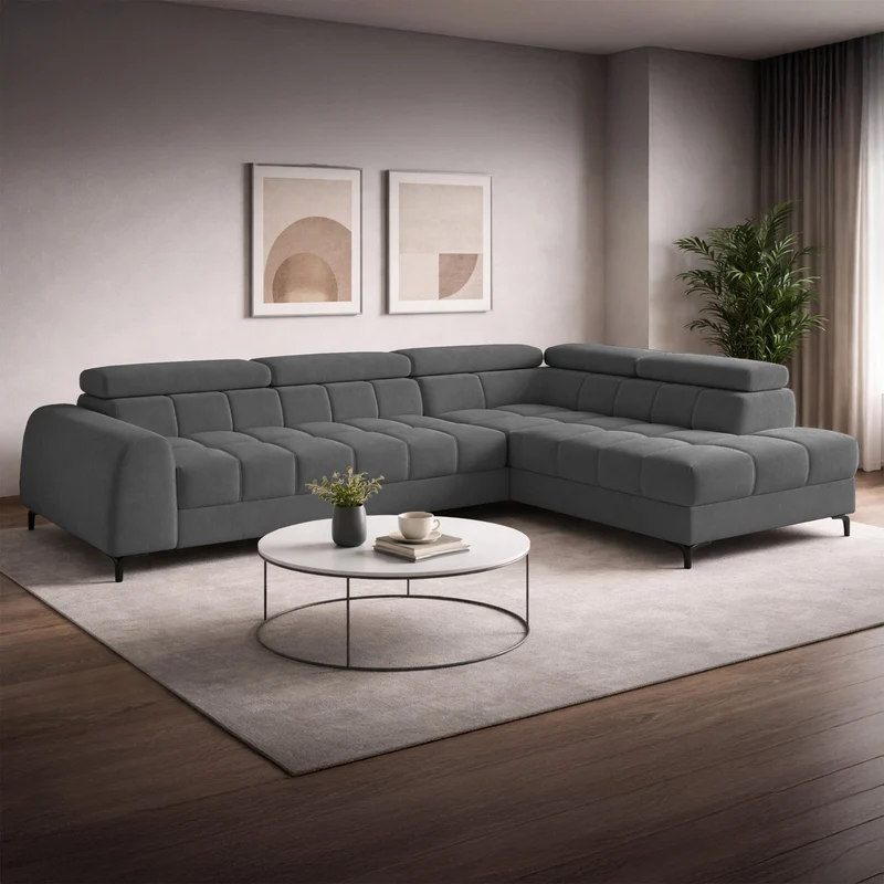 Ecksofa mit Schlaffunktion Arellio, L-förmig, rechtsseitig, mit Stauraum, grauer Chenille-Stoff