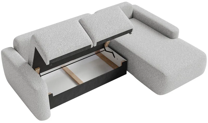 Ecksofa mit Schlafunktion Carnos Mini, L-förmig, rechtsseitig, hellgrauer Chenille-Stoff