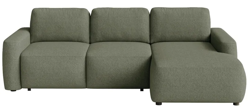 Ecksofa mit Schlaffunktion Carnos Mini, L-förmig, rechtsseitig, olivgrüner Chenille-Stoff, pflegeleicht