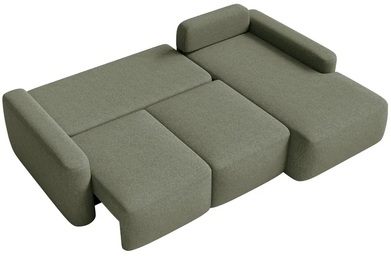 Ecksofa mit Schlaffunktion Carnos Mini, L-förmig, rechtsseitig, olivgrüner Chenille-Stoff, pflegeleicht