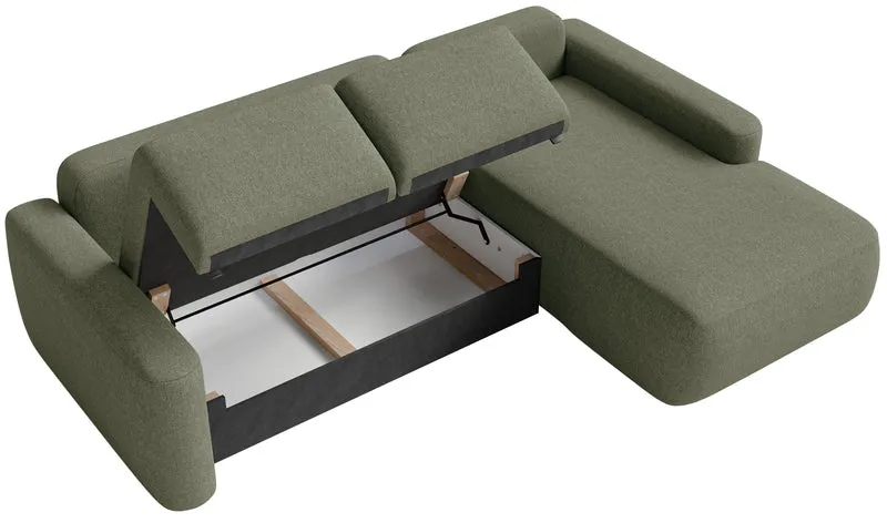 Ecksofa mit Schlaffunktion Carnos Mini, L-förmig, rechtsseitig, olivgrüner Chenille-Stoff, pflegeleicht