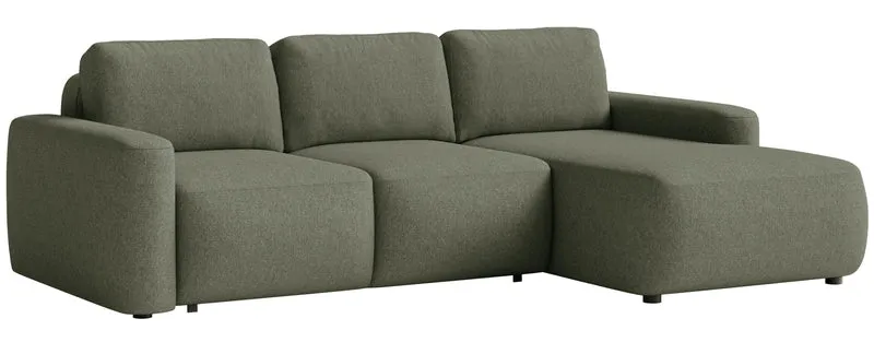 Ecksofa mit Schlaffunktion Carnos Mini, L-förmig, rechtsseitig, olivgrüner Chenille-Stoff, pflegeleicht