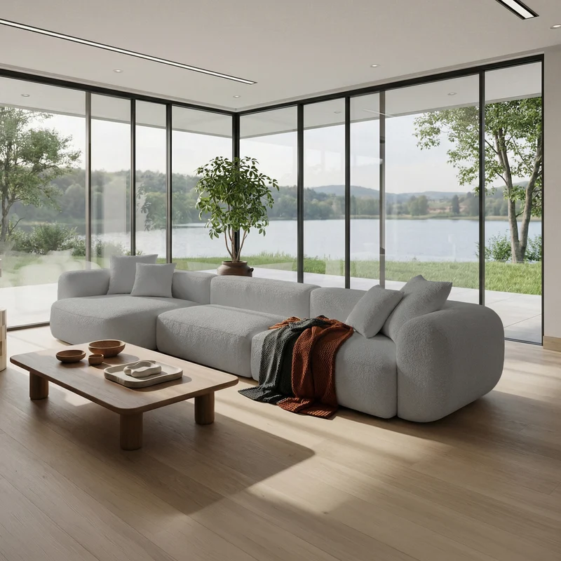 Modulares Ecksofa Baomi, groß, L-förmig, linksseitig, hellgrauer Chenille-Stoff