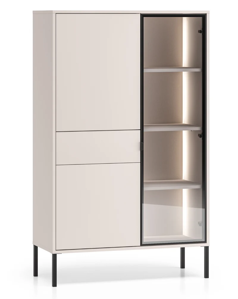 Drehtür-Vitrine Barnee mit Schublade und Beleuchtung, 92 cm, Kaschmir