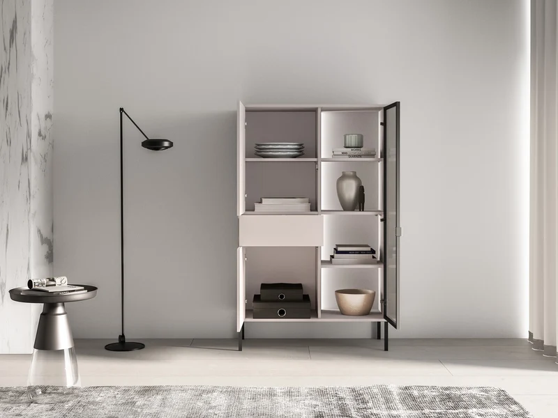 Drehtür-Vitrine Barnee mit Schublade und Beleuchtung, 92 cm, Kaschmir